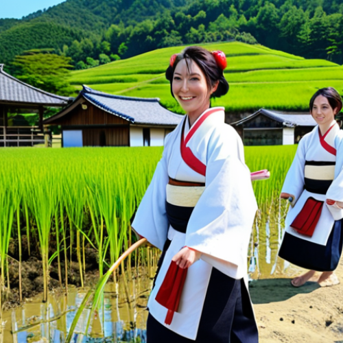 **

A vibrant scene of a group of Japanese and international tourists participating in a rice planting festival (田植え祭り, Taue Matsuri) in a rural Japanese village. Traditional Japanese farmhouses (古民家, Kominka) are in the background. Focus on the joyful expressions and cultural exchange. Include elements like traditional clothing (着物, Kimono or 作務衣, Samue), rice seedlings, and clear blue skies. Style: Anime, Ghibli-inspired.

**