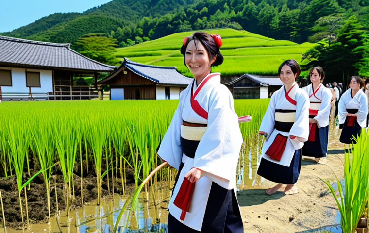 **

A vibrant scene of a group of Japanese and international tourists participating in a rice planting festival (田植え祭り, Taue Matsuri) in a rural Japanese village. Traditional Japanese farmhouses (古民家, Kominka) are in the background. Focus on the joyful expressions and cultural exchange. Include elements like traditional clothing (着物, Kimono or 作務衣, Samue), rice seedlings, and clear blue skies. Style: Anime, Ghibli-inspired.

**