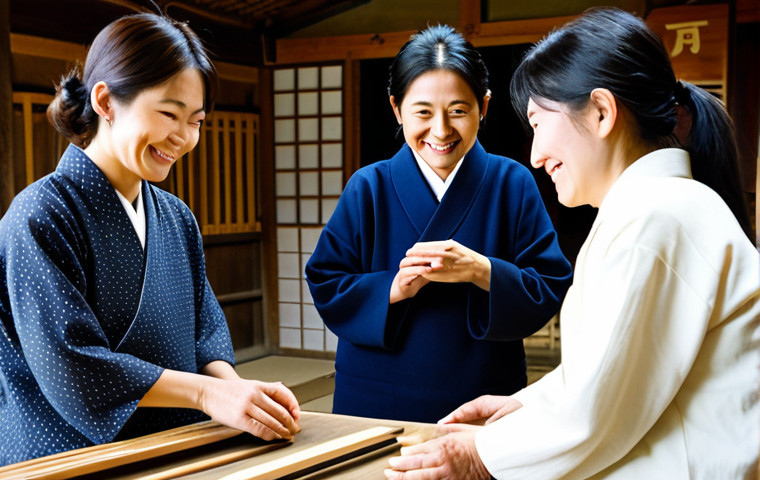 A professional female rural tourism planner, fully clothed in a modest, appropriate business casual outfit, warmly interacts with a group of diverse tourists and local elderly artisans in a traditional Japanese rural workshop. Tourists, in family-friendly and appropriate attire, are engaged in learning a hands-on traditional craft like pottery or weaving, showing genuine interest and smiles. The background features authentic wooden architecture and soft natural lighting. This image captures the essence of community connection, cultural exchange, and authentic rural experience. safe for work, appropriate content, fully clothed, professional, perfect anatomy, correct proportions, natural pose, well-formed hands, proper finger count, natural body proportions, professional photography, high quality.