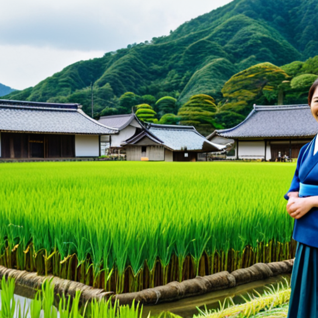 **
A scenic countryside vista featuring rolling hills, traditional Japanese farmhouses (民家), and vibrant rice paddies. In the foreground, a smiling woman in her 30s, dressed in casual but professional attire (fully clothed, appropriate attire), is interacting with local farmers. The scene should evoke a sense of community, sustainability, and the beauty of rural Japan. Incorporate elements like a farmers market (朝市) or a local festival (祭り) in the background. Safe for work, appropriate content, family-friendly, perfect anatomy, natural proportions, professional photography, high quality.
**