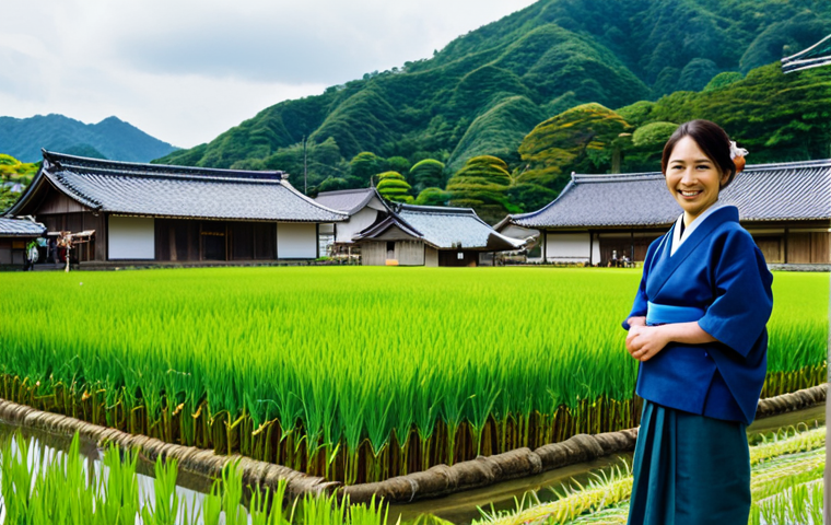 **

A scenic countryside vista featuring rolling hills, traditional Japanese farmhouses (民家), and vibrant rice paddies. In the foreground, a smiling woman in her 30s, dressed in casual but professional attire (fully clothed, appropriate attire), is interacting with local farmers. The scene should evoke a sense of community, sustainability, and the beauty of rural Japan. Incorporate elements like a farmers market (朝市) or a local festival (祭り) in the background. Safe for work, appropriate content, family-friendly, perfect anatomy, natural proportions, professional photography, high quality.

**